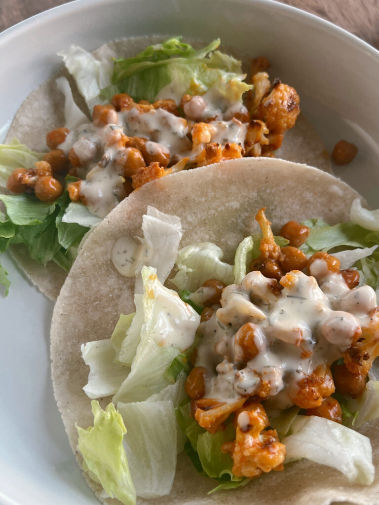 Gluten-Free Cauliflower + Chickpea Buffalo Wraps